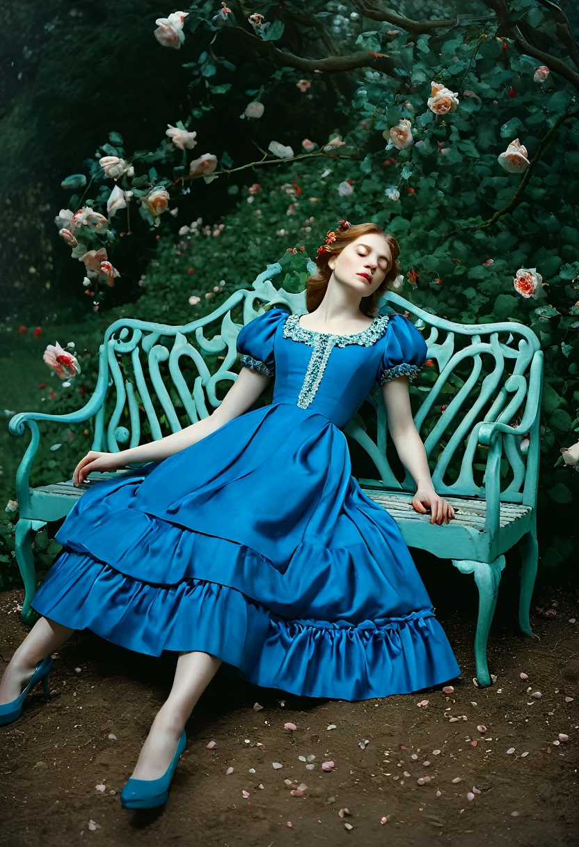 arafed woman in a blue dress laying on a bench in a garden, monia merlo, persephone in spring, fine art fashion photography, ophelia, inspired by Arthur Hughes, miss aniela, inspired by John Collier, by Galen Dara, enchanted dreams. instagram, inspired by Konstantin Somov, laying on roses, sleeping beauty fairytale

