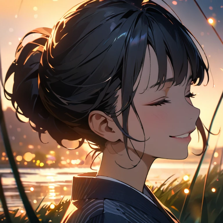 (best quality,8k,highres, masterpiece:1.2), (silhouette art),ultra-detailed, HDR, UHD, studio lighting, ultra-fine painting, sharp focus, physically-based rendering, extreme detail description, professional, vivid colors, bokeh, portraits, concept artists, warm color palette, dramatic lighting,Summer night, woman in navy kimono, updo hairstyle, big smile, closed eyes, smile towards the screen, quiet lakeside, grass growing around,many fireflies flying,multiple exposure, complex scene,,