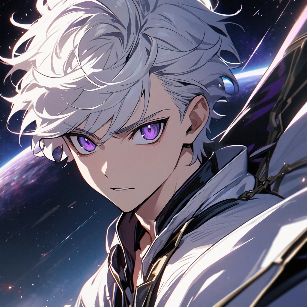 High quality, HD, 4k, handsome male, 1male, , teenager, golden lining, short white hair, sharp eyes, dark purple eyes, deep purple eyes, devil may cry, close up, calm expression, stoic expression, black leather clothes, white leather clothing, lean body, upper body, looking at viewer, cowboy shot, white solar, space background