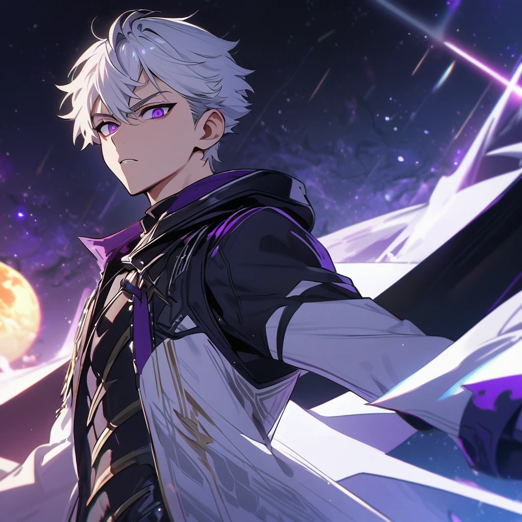 High quality, HD, 4k, handsome male, 1male, 17 years old, teenager, golden lining, short white hair, sharp eyes, dark purple eyes, deep purple eyes, devil may cry, close up, calm expression, stoic expression, black leather clothes, white leather clothing, lean body, upper body, looking at viewer, cowboy shot, white solar, space background