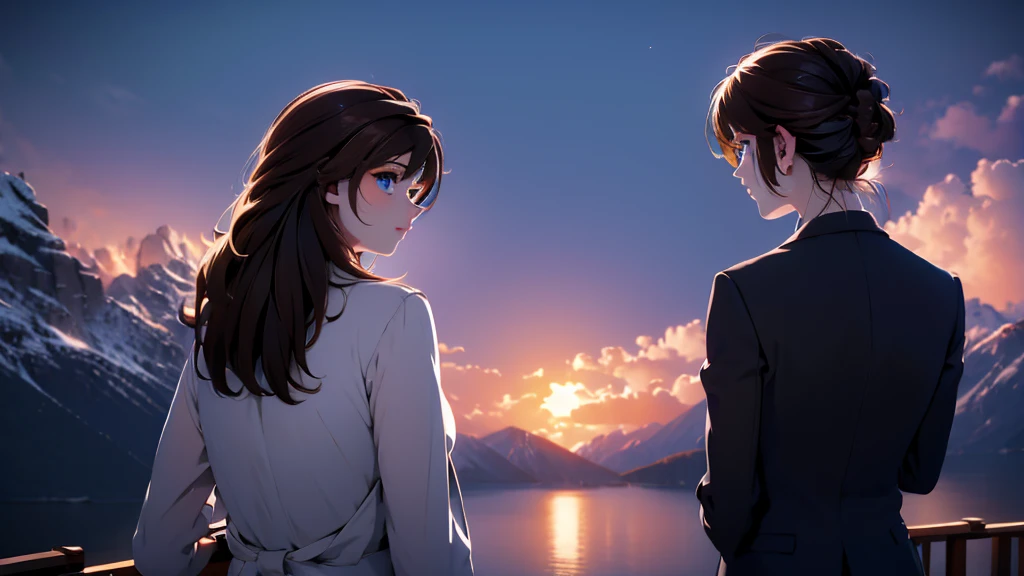 1 girl, medium light brown hair, light blue eyes, wearing black suit, night city, absurdres, high res, ultrasharp, 8K, masterpiece, looking from behind
