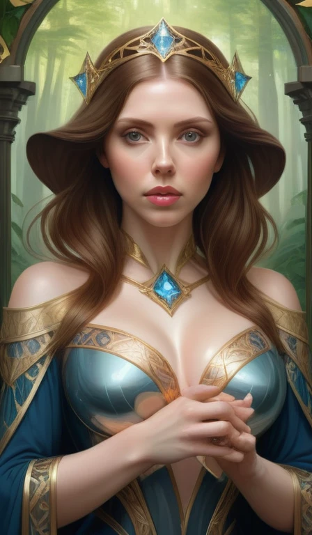 symmetry portrait of brunette magical princess, glam, renaissance, glass skin, forest background, intricate, elegant, highly detailed, digital painting, artstation, concept art, smooth, sharp focus, illustration, art by artgerm and greg rutkowski and fra angelico and alphons mucha.  Magical Mash up of Alison Brie, Scarlett Johansson, Molly Quinn