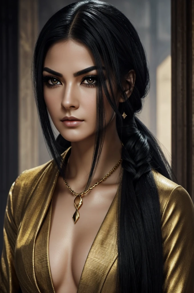 Create a picture of an assassin that is a woman who looks cold with black hair, dark eyebrows, long lashes, and piercing golden eyes that could kill