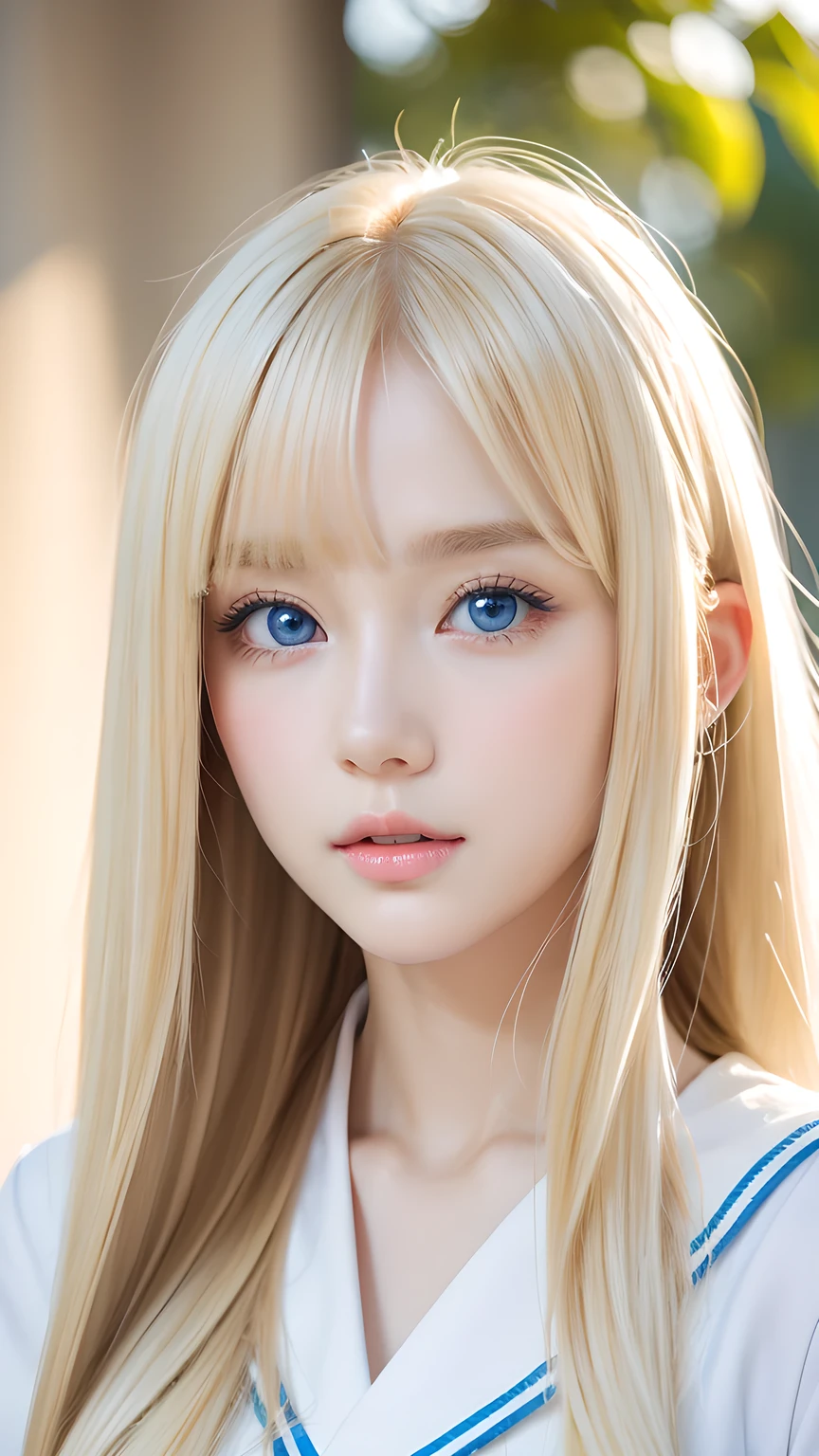 Beautiful girl with a pretty face、beautiful blonde straight super long hair、Half Body Shot、Beautiful long bangs hanging over the face、Very beautiful, bright, pale sky blue eyes、Very big eyes、Blonde hair between the eyes、Round face、Blonde hair above the eyes、片Blonde hair above the eyes、、Sailor suit、Very white and young skin、Cheek gloss、Cheek highlighter、Small Face Beauty