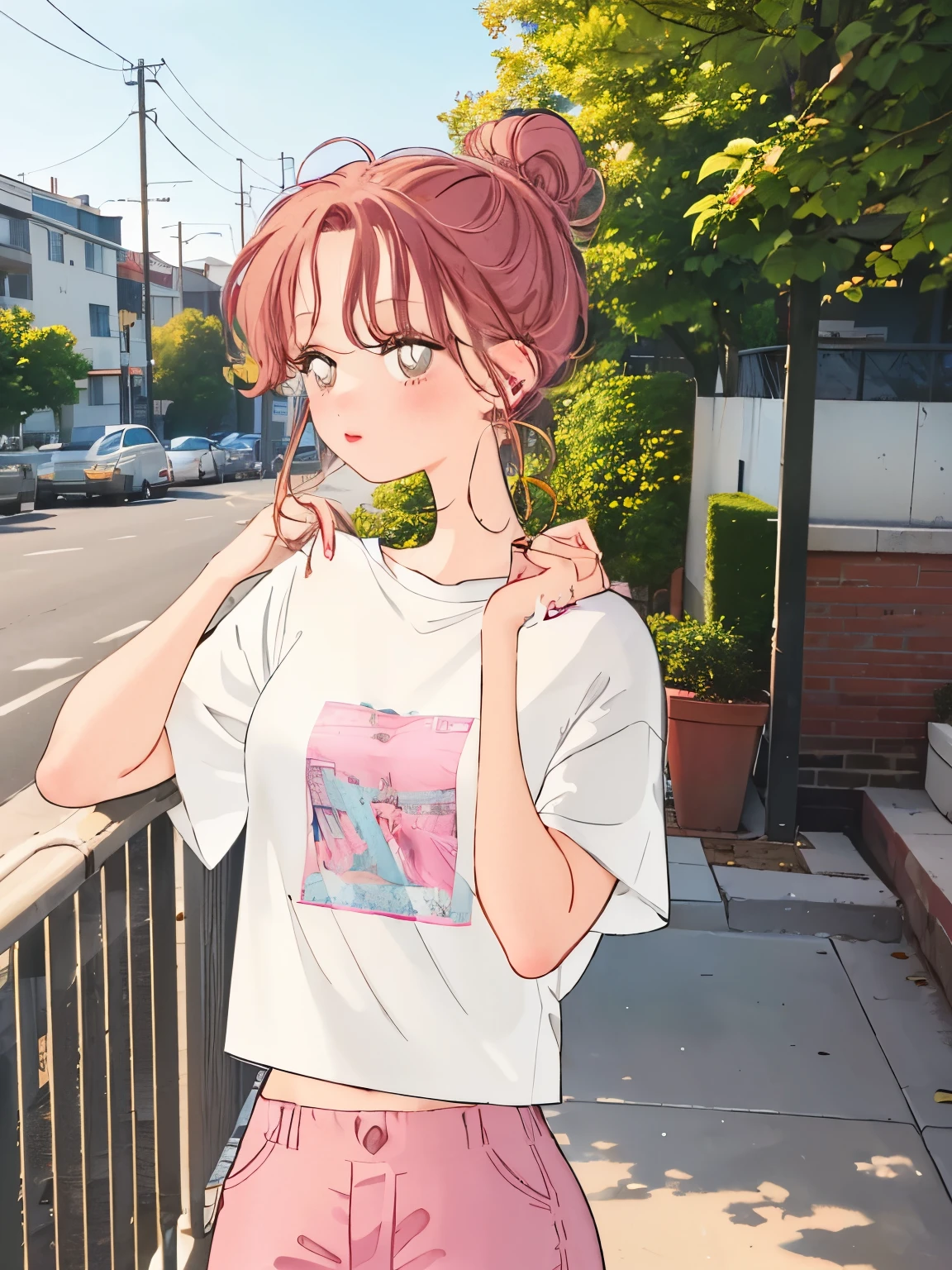 1girl, Her (pink and brown hair) is styled in a messy bun. She is a happy , 8k, atmospheric, high quality, movie scene, cinematic, oversized T-shirt, no pants, genuine. Photograph, candid moment, greenery