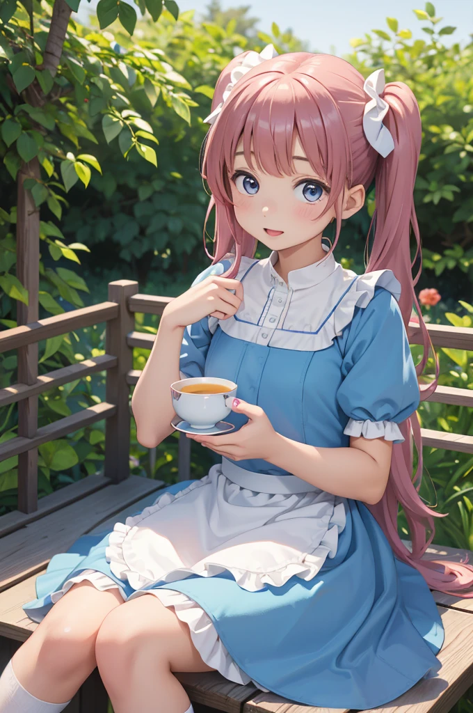 momoko suou (million live), 1 girl, Solo, , Lori, , Cute Girl,Best Quality, Ultra-detailed, 8K, High resolution, Alice in Wonderland, Twin tail, sky blue dress, frilled dress, white apron, frilled apron, garden, tea time,