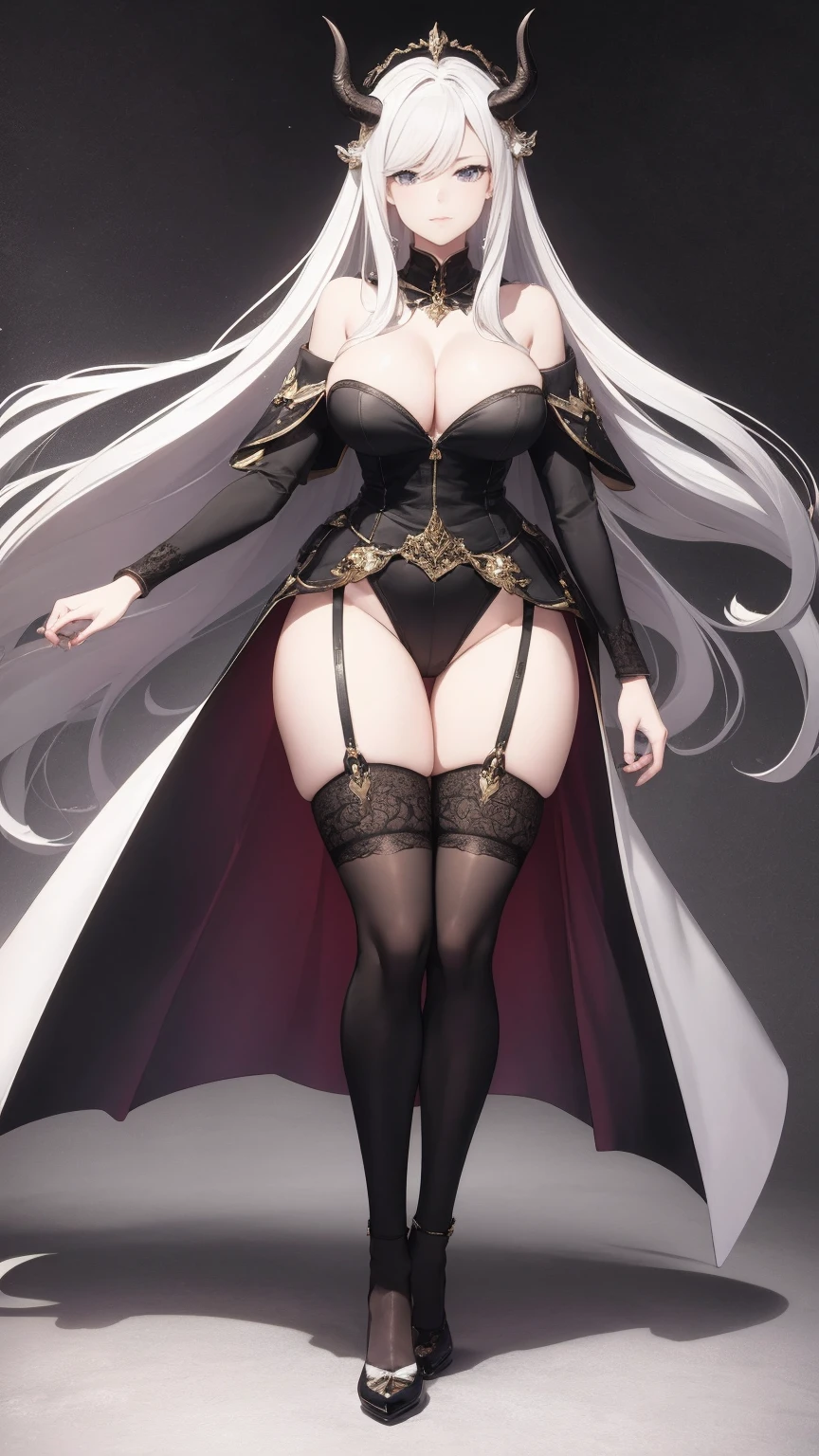 (masterpiece, top quality, best quality, official art, beautiful and aesthetic:1.3), (8k, best quality, masterpiece:1.2),(full body:1.3) (large breasts:1.2), long hair, black thighhighs, high heel, (microskirt:1.1), garter belt, dragon's horn,dragon's wing,