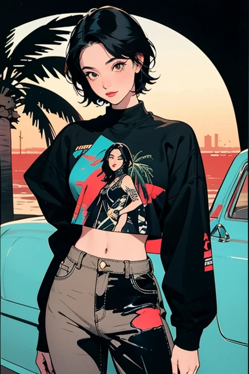 retro girl, Miami, sunset, Ferrari, palm tree, 90's, (flat colors, flat texture, lineart:1.2), graphical design, (heavy ink, ink blacks),
