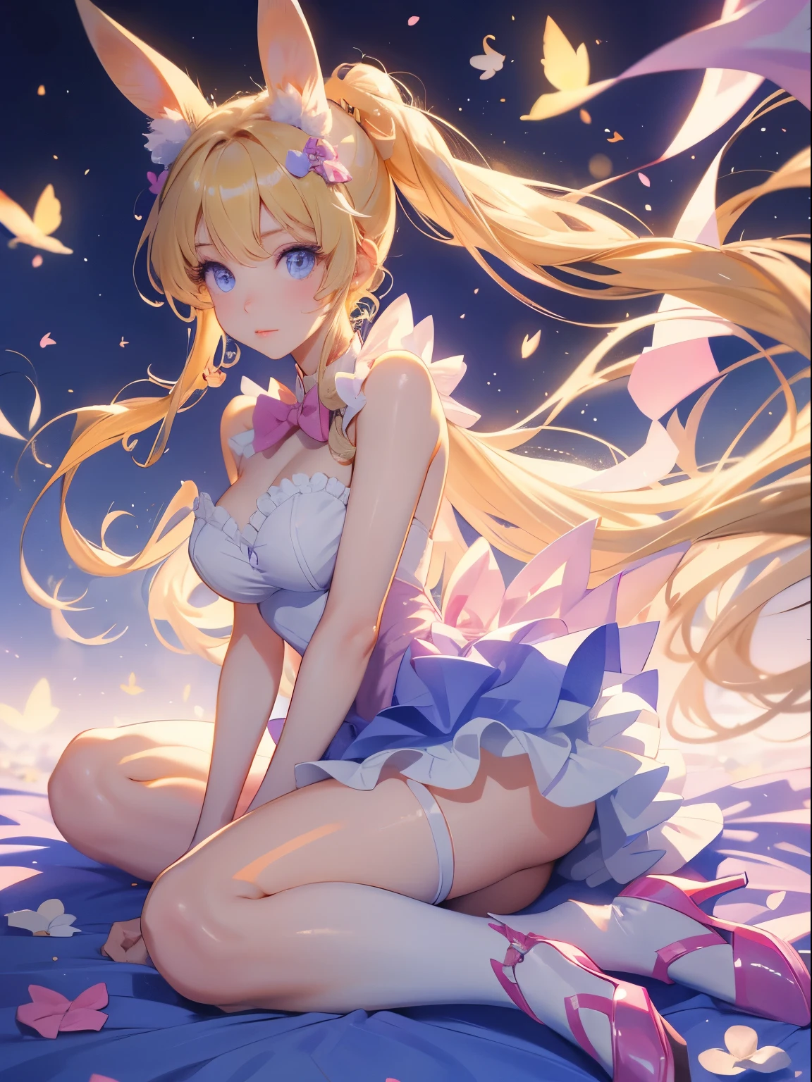 tsukino usagi, blonde hair, blue eyes, bunny ears, bunny costume, woman, beautiful girl, bows, heels, kemonomimi, long hair, playboy bunny outfit, shoes two bows, two pigtails, usagimimi,