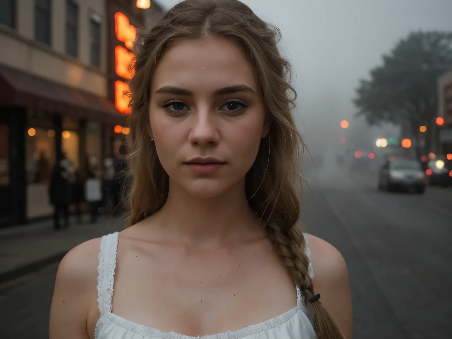 a young caucasian woman with blond braided hair and blue eyes, streaking on a foggy street in front of a flower shop in a pacific northwest town, fog obscures most of her body, dressed in fog, no other people, no words, (best quality,4k,8k,highres,masterpiece:1.2),ultra-detailed,(realistic,photorealistic,photo-realistic:1.37),detailed facial features,extremely detailed eyes and face,longeyelashes,intricate details,ambient lighting,atmospheric,moody,cinematic,dramatic,detailed background, hyperrealistic