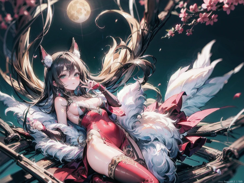 (Best quality, 8k, 32k, Masterpiece, UHD,:1.2),RAW, human, 1girl,ultra cute , ultra cute, natural lighting, transparent shining eyes, 20yo, medium breast ,femur, fair complexion , flushed face, brown long hair, long eyebrows, shade, , beautiful skin, long dress, moon, flowers, surrealism, anaglyph, stereogram, ticker,