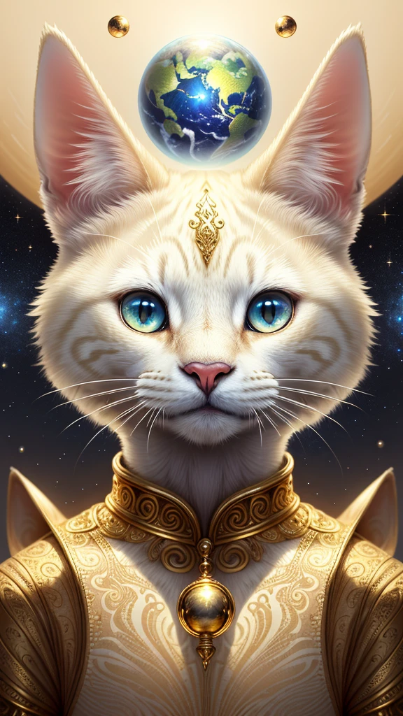 1 animal, space background, ivory gold AI psychedelic magic, cat, clean, bright, smile, god