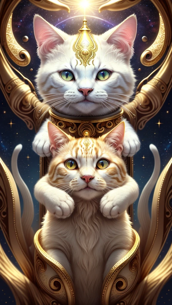 1 animal, space background, ivory gold AI psychedelic magic, cat, clean, bright, smile, god