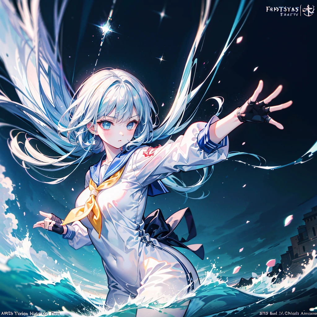 1girl、The best dynamic composition、hbyxcj, scenery、(((最high quality、最高masterpiece、Super detailed、Official Art、The best dynamic composition)))、Anime Style、Dynamic pose、Dynamic composition、whole body,masterpiece, 最high quality, high quality, Very detailed CG uniform 8k wallpaper, arm written depth, High resolution, bloom, chromatic aberration, realism, Very detailed, Art Station Complex, High detail, dramatic、Huge⚓、anchor、In a white sailor suit、Light blue line、Sailor、Gray hair and light blue gradient hair color、Sparkling、The glow of the sea is reflected、Disorganized、Fantasy、Fantasy、 long sleeves, fingerless gloves,