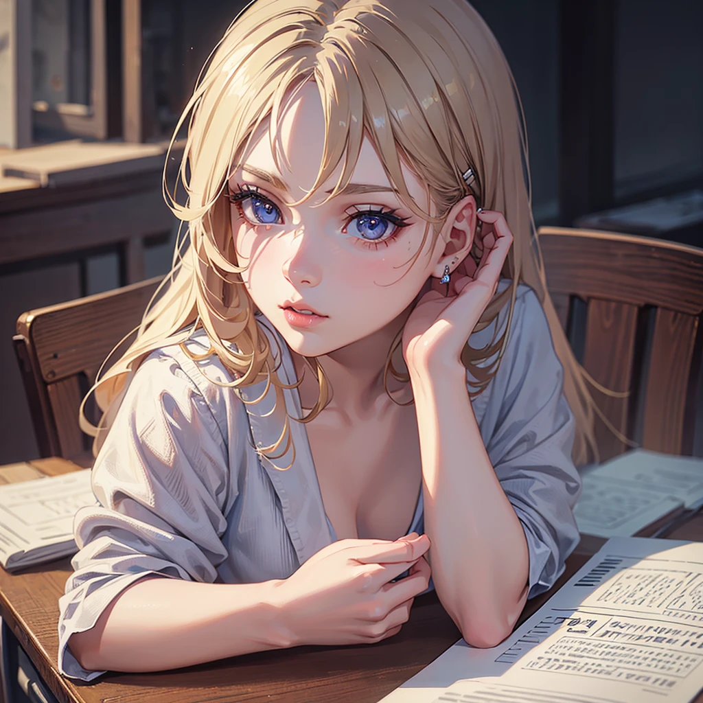 1girl, sitting on a school desk, beautiful detailed eyes, beautiful detailed lips, extremely detailed face, long eyelashes, , focused expression, photorealistic, 8k, highly detailed, intricate, vivid colors, dramatic lighting, cinematic, trending on artstation