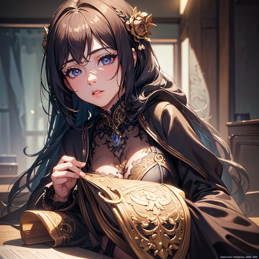 Women in Their 20s, Fantasia、offcial art, unity 8k wall paper, ultra-detailliert, beautifly、Aesthetic, masterpiece, top-quality, Photorealsitic、sorcerer、the witch、Black clothes with skull design、Bunching hair、Staring at this、Curse ritual、Have a vial of poison、crows、secret room、abajour、depth of fields, Fantastic atmosphere, Calm palette, tranquil mood, Soft shading、bbw、very large breast、plump figure、