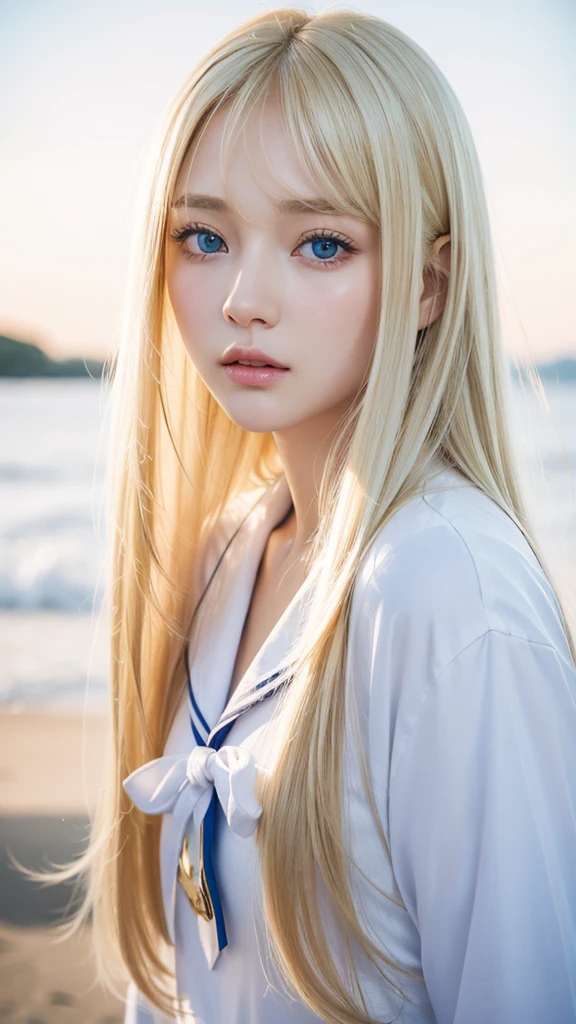 Beautiful girl with a pretty face、beautiful blonde straight super long hair、Half Body Shot、Beautiful long bangs hanging over the face、Very beautiful, bright, pale sky blue eyes、Very big eyes、Blonde hair between the eyes、Round face、Blonde hair above the eyes、片Blonde hair above the eyes、、Sailor suit、Very white and young skin、Cheek gloss、Cheek highlighter、Small Face Beauty