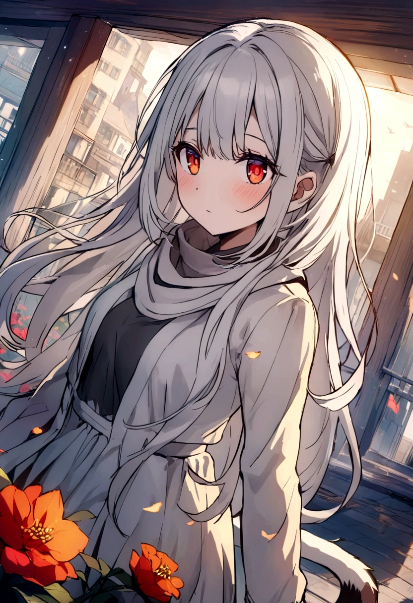 ((masterpiece, best quality))++, Detailed lighting+, Detailed hair+, Detail Hand+ ,1 girl, miss, Long hair, Crimson eyes, beautiful eyes, Young gray hair,,(Beautiful white hair:1.5),(Beautiful and delicate eyes), high resolution+,Glass tones, Reflective eyes, {{angle}} , Very detailed wallpaper, Original, ,Sea of Flowers,Air bangs,city road,Double tail,Very beautiful CG,Girls shopping,scarf,Gray eyelashes