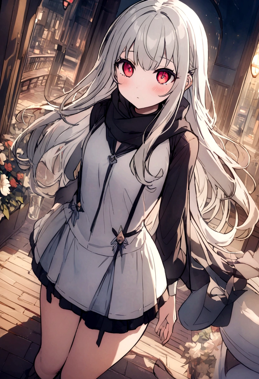 ((masterpiece, best quality))++, Detailed lighting+,  Detailed hair+, Detail Hand+ ,1 girl, miss, Long hair,   Crimson eyes,  beautiful eyes, Young gray hair,,(Beautiful white hair:1.5),(Beautiful and delicate eyes),  high resolution+,Glass tones, Reflective eyes,   {{angle}} , Very detailed wallpaper, Original, ,Sea of Flowers，Air bangs，city road，Double tail，Very beautiful CG，Girls shopping，scarf，Gray eyelashes