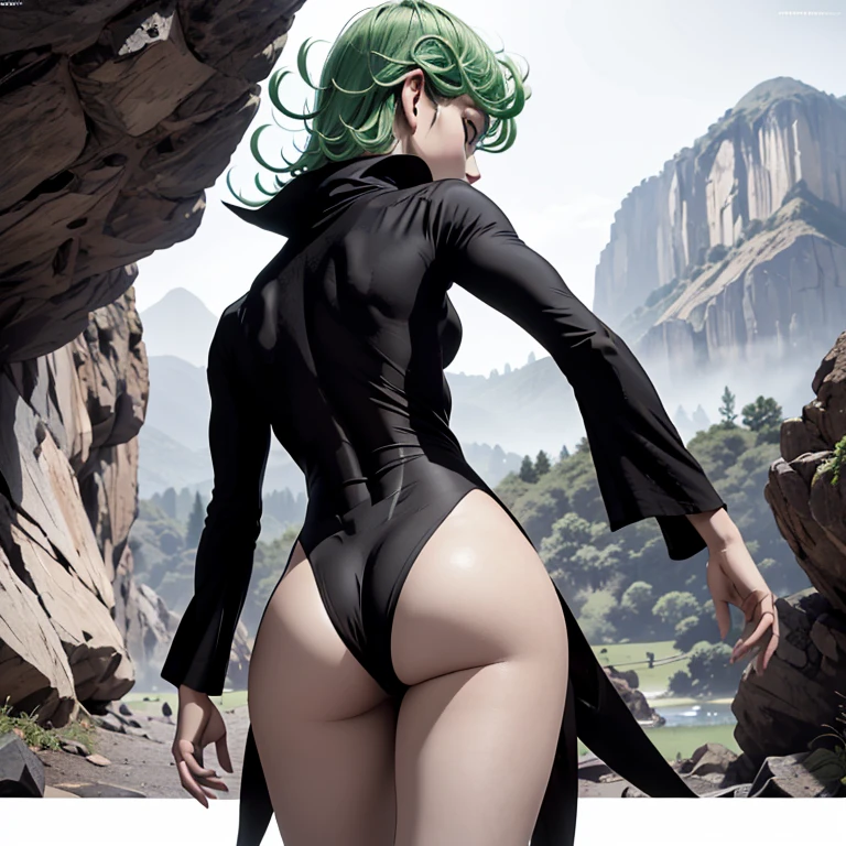 (score_9,score_8_up,score_7_up), source_anime, ((Masterpiece, top quality, high resolution)), ((highly detailed CG unified 8K wallpaper)), (back view of tatsumaki very hot and sexy, jaw-dropping beauty, perfect proportions, beautiful body, slim body beauty:1.1), ((tatsumaki's butt in frame:1.5)), lovely background, sexy atmosphere, sexy woman, an erotic fantasy illustration, looming woman with a black gown, pelvic curtain, landscape, silhouette emerging from the backlight, seen from below,