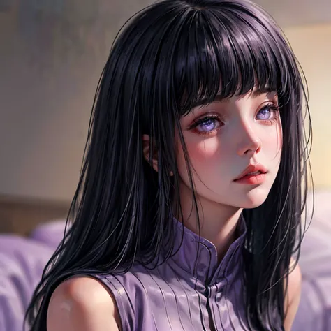 1girl, close up of face, adult, hinata hyuga, the last, shy girl, long black hair, blunt bangs, dark hair, voluminous hair, lave...