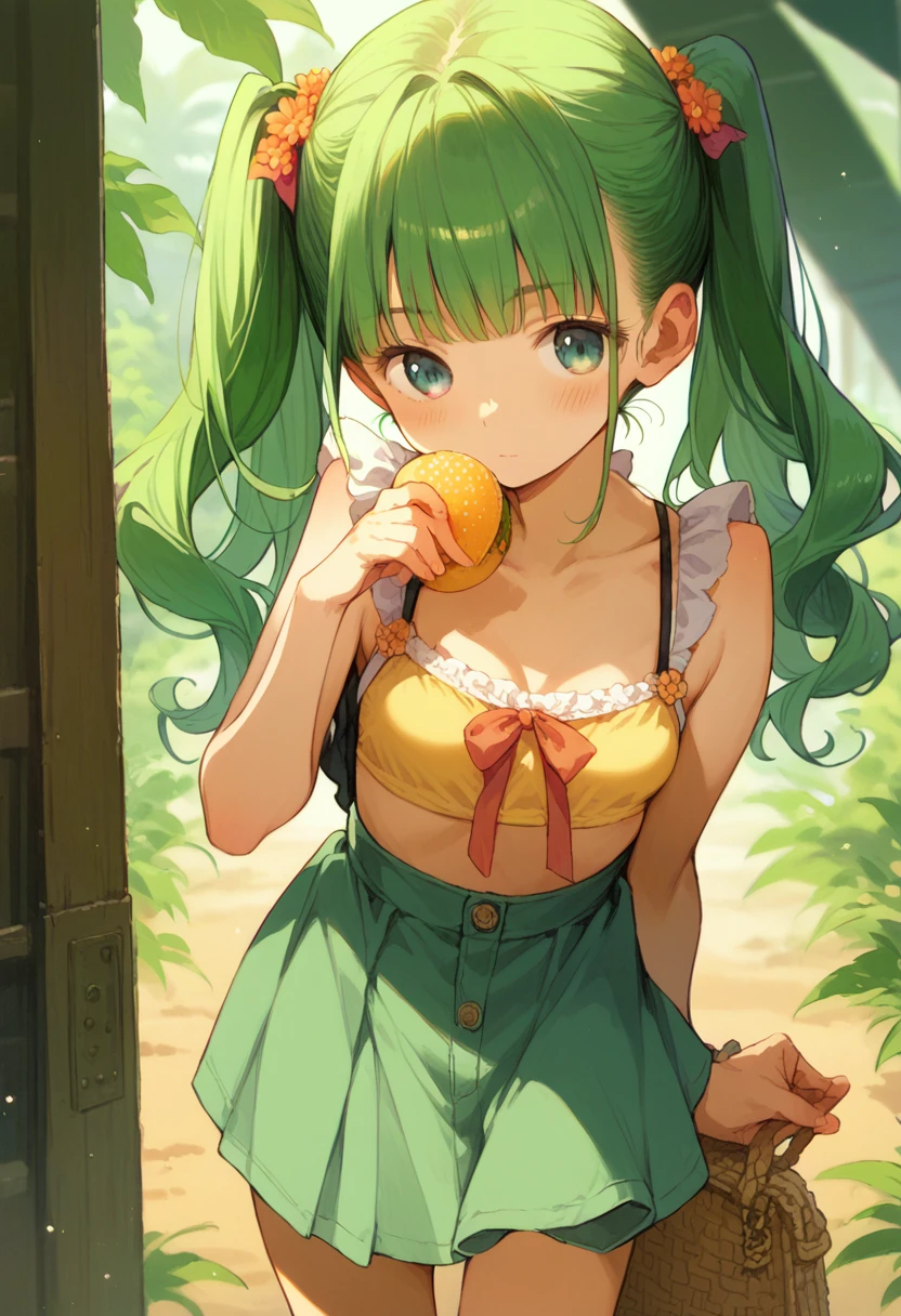 Summer vacation,(-yeld gi1.2),Akihabara Maid Clothing,mini skirt,Green Hair Anime Girl,(Twin tails:1.1),Small breasts
