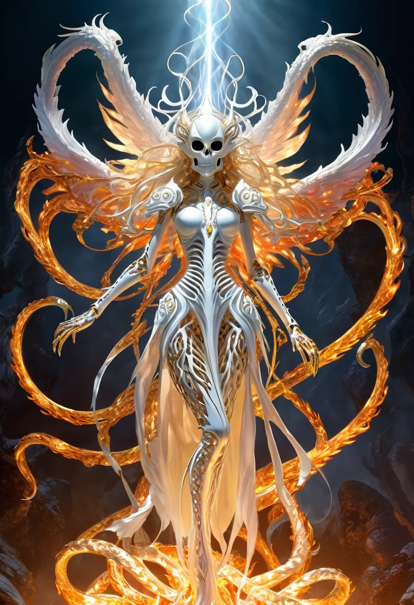 Danligur, the Fire Skeleton King, Eva, emerging, fallen alien Angel in center, white tentacles wrapping around her lower legs, she struggles to contain herself —ar 16: Muslims World —test —uplight