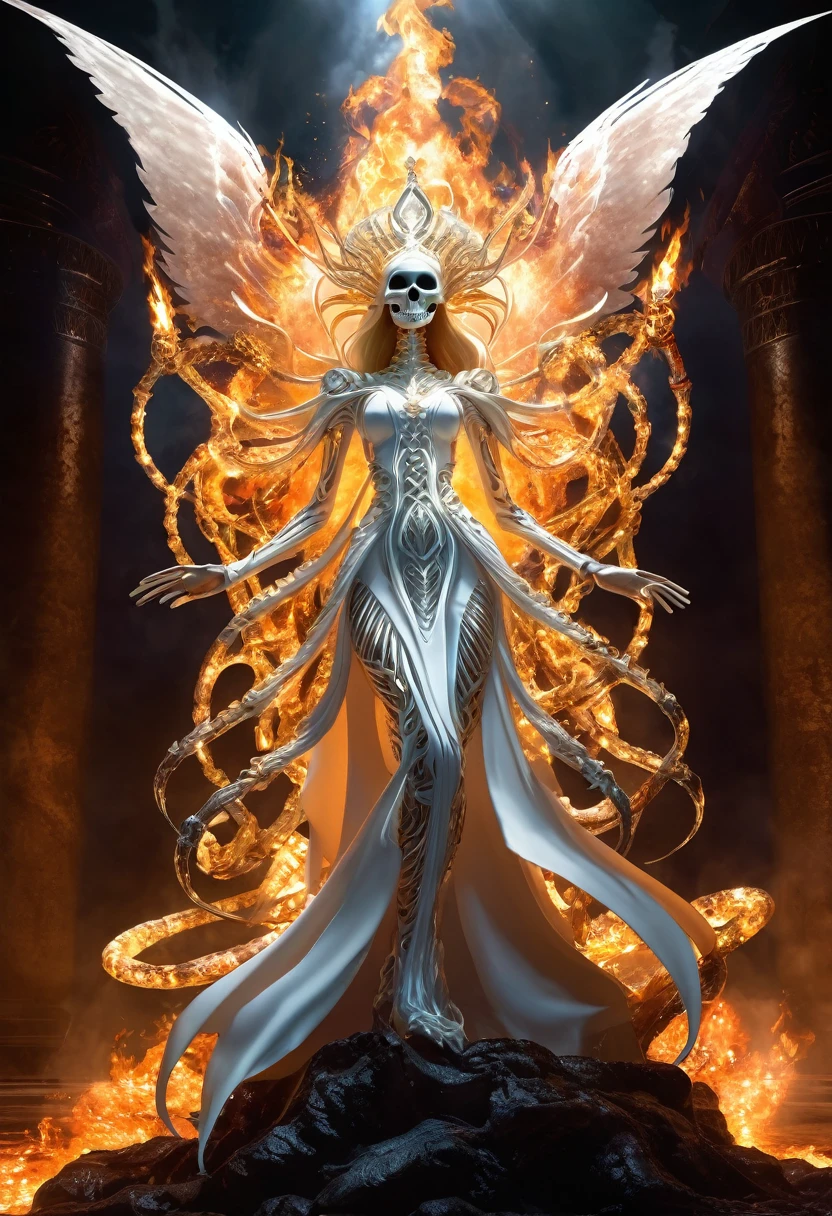 Danligur, the Fire Skeleton King, Eva, emerging, fallen alien Angel in center, white tentacles wrapping around her lower legs, she struggles to contain herself —ar 16: Muslims World —test —uplight