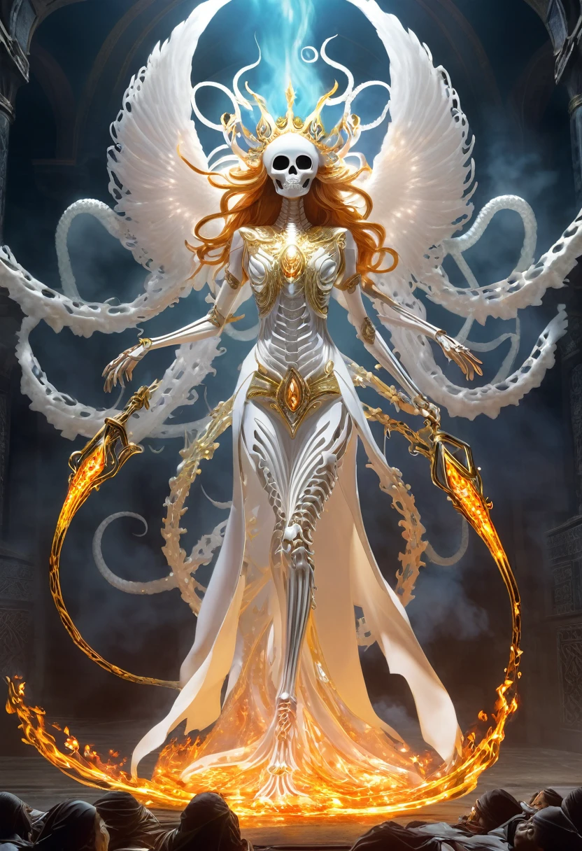 Danligur, the Fire Skeleton King, Eva, emerging, fallen alien Angel in center, white tentacles wrapping around her lower legs, she struggles to contain herself —ar 16: Muslims World —test —uplight