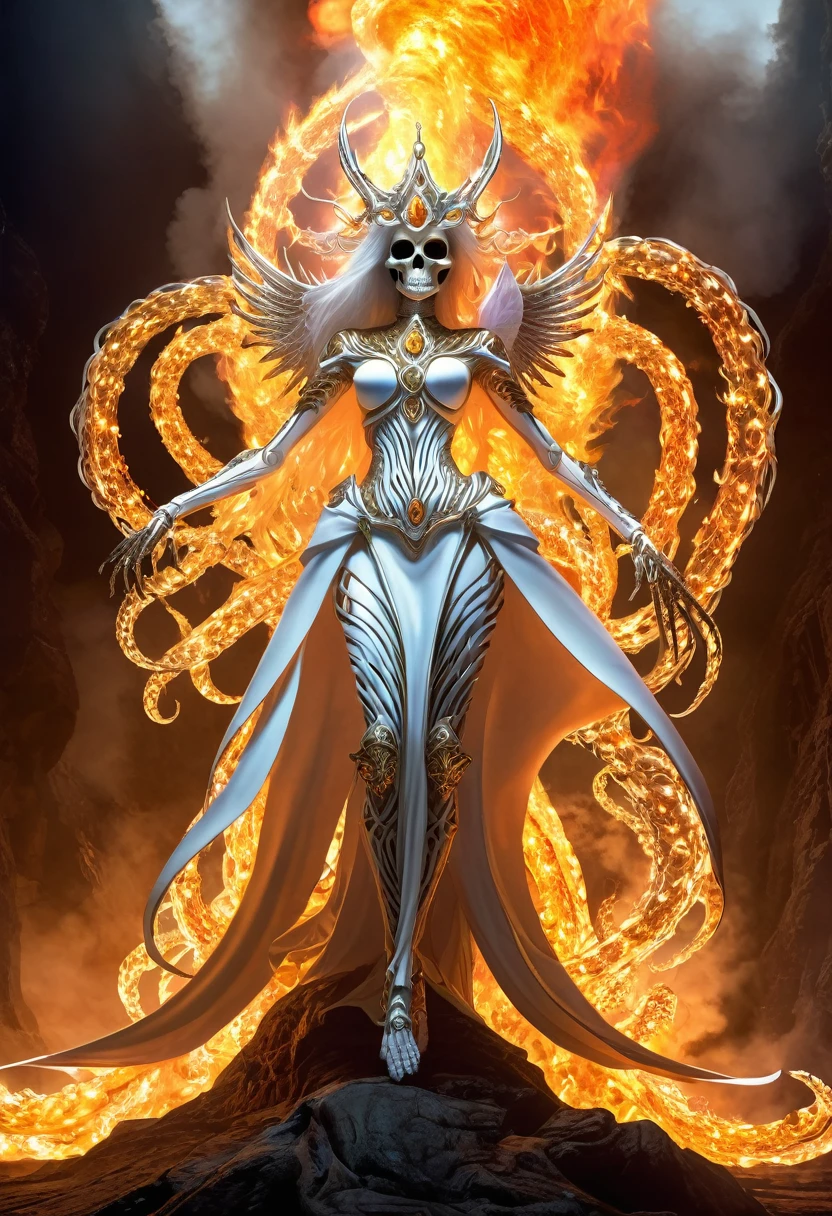 Danligur, the Fire Skeleton King, Eva, emerging, fallen alien Angel in center, white tentacles wrapping around her lower legs, she struggles to contain herself —ar 16: Muslims World —test —uplight