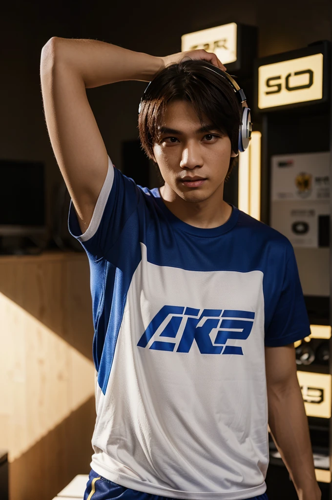  teks dengan kamera
male esports player with a shirt that says gold laner
