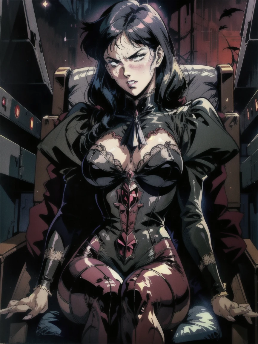 (((((retro anime))) of a gothic vampire piloting a gothic ruby mech)), (from below), close-up, (fisheye), ((gothic (control panels) everywhere)), ((mature)), ((vampiric)), (iridescent bodysuit), lace accessories, dark big lips, ((baroque pilot seat)), ((leaning back sitting pose)), ((elegant)), (((serious tone))), futuristic, top spacecraft control panel, ((dark place)), ((low-light)), intricate control panel details, 1990s (style), vampire teeth, [blushing], sweat, masterpiece, claustrophobic, sparkles, limited colors