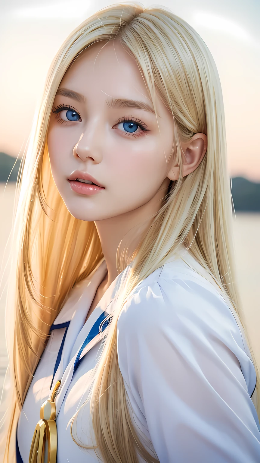 Beautiful girl with a pretty face、beautiful blonde straight super long hair、Half Body Shot、Beautiful long bangs hanging over the face、Very beautiful, bright, pale sky blue eyes、Very big eyes、Blonde hair between the eyes、Round face、Blonde hair above the eyes、片Blonde hair above the eyes、、Sailor suit、Very white and young skin、Cheek gloss、Cheek highlighter、Small Face Beauty