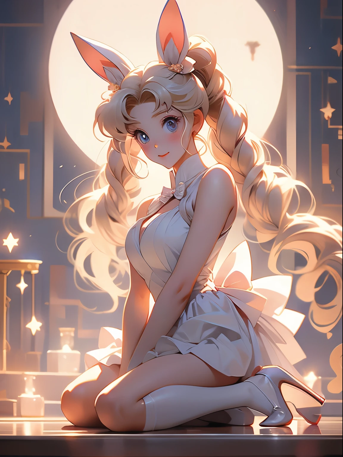 tsukino usagi, blonde hair, blue eyes, bunny ears, bunny costume, woman, beautiful girl, bows, heels, kemonomimi, long hair, playboy bunny outfit, shoes two bows, two pigtails, usagimimi,