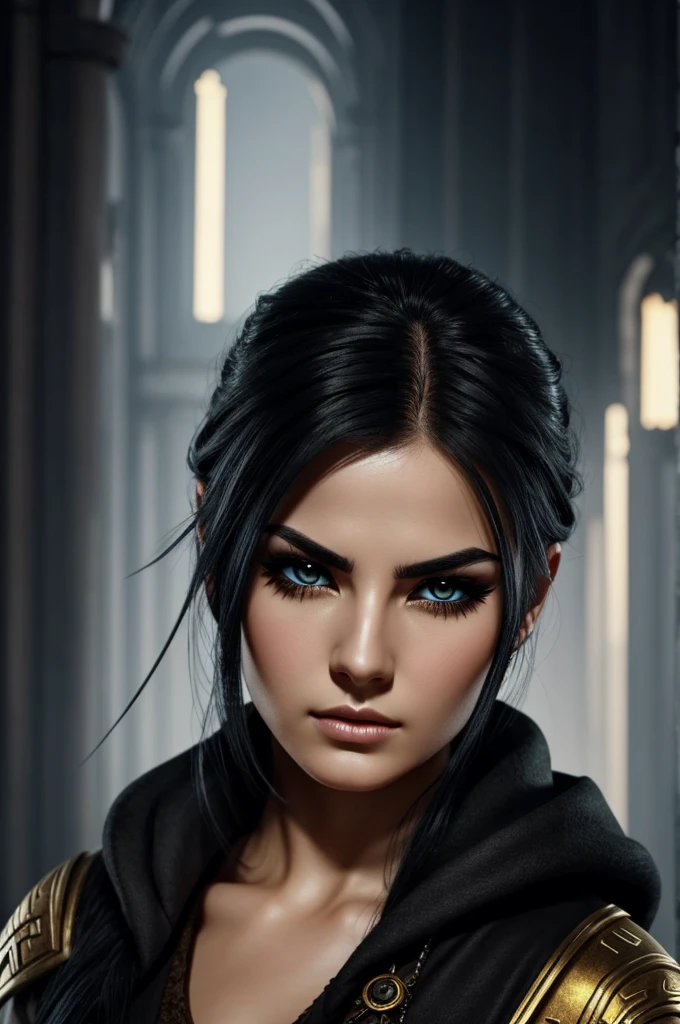 Create a picture for an epic character of an assassin that is a woman who looks cold with black hair, dark eyebrows, long lashes, and piercing golden eyes that could kill with less make up