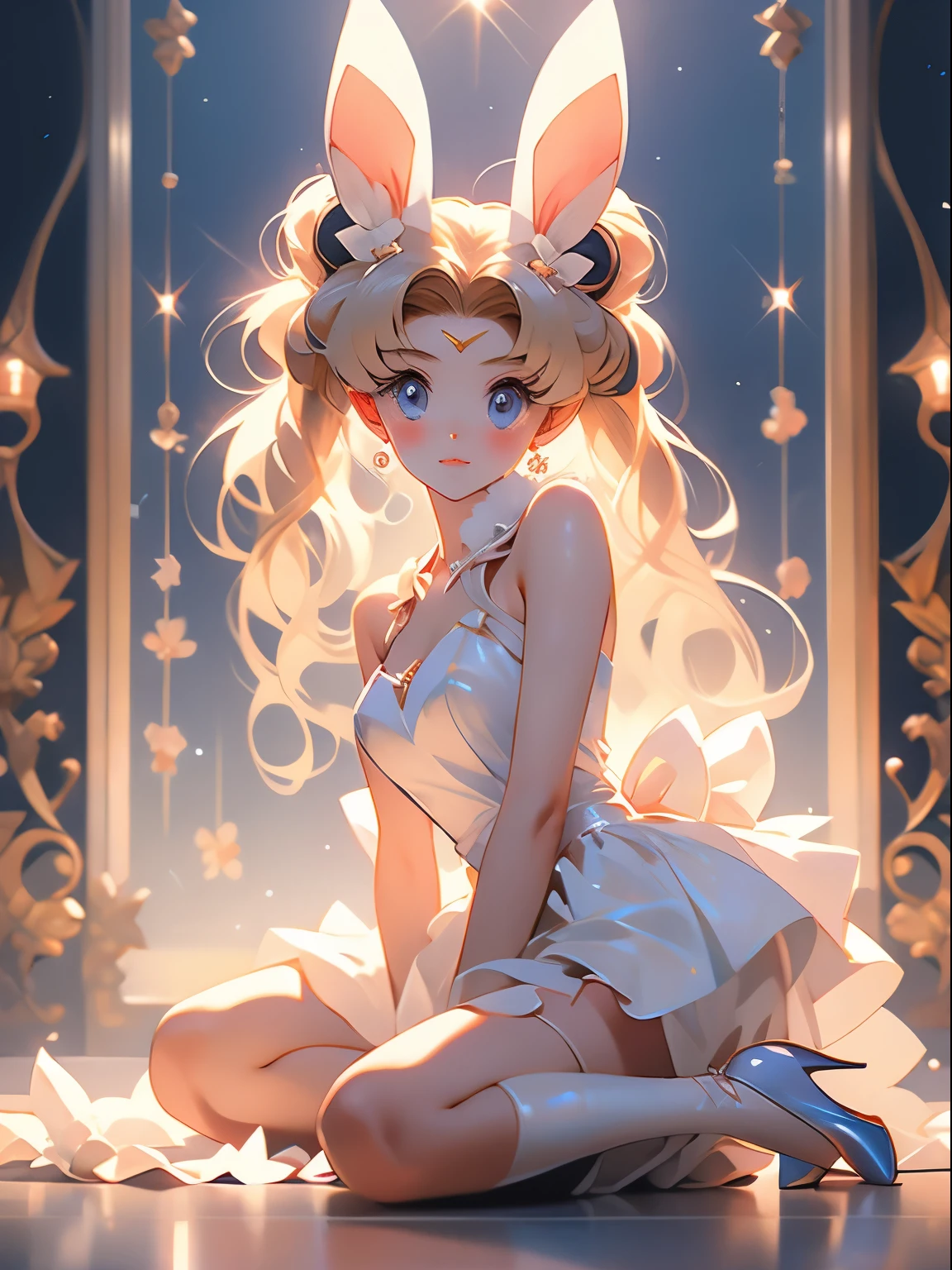 tsukino usagi, blonde hair, blue eyes, bunny ears, bunny costume, woman, beautiful girl, bows, heels, kemonomimi, long hair, playboy bunny outfit, shoes two bows, two pigtails, usagimimi,