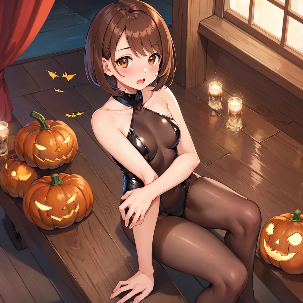 masterpiece, highest quality, High resolution, Gloria1, 1 Girl, Gloria\(Pokémon\), Brown Hair, , Brown Eyes, , Short Hair, , Bobcut, bangs, , 1Describe a girl carefully 1Girl Expression in love blush Open Mouth blush pumpkin leotard Halloween