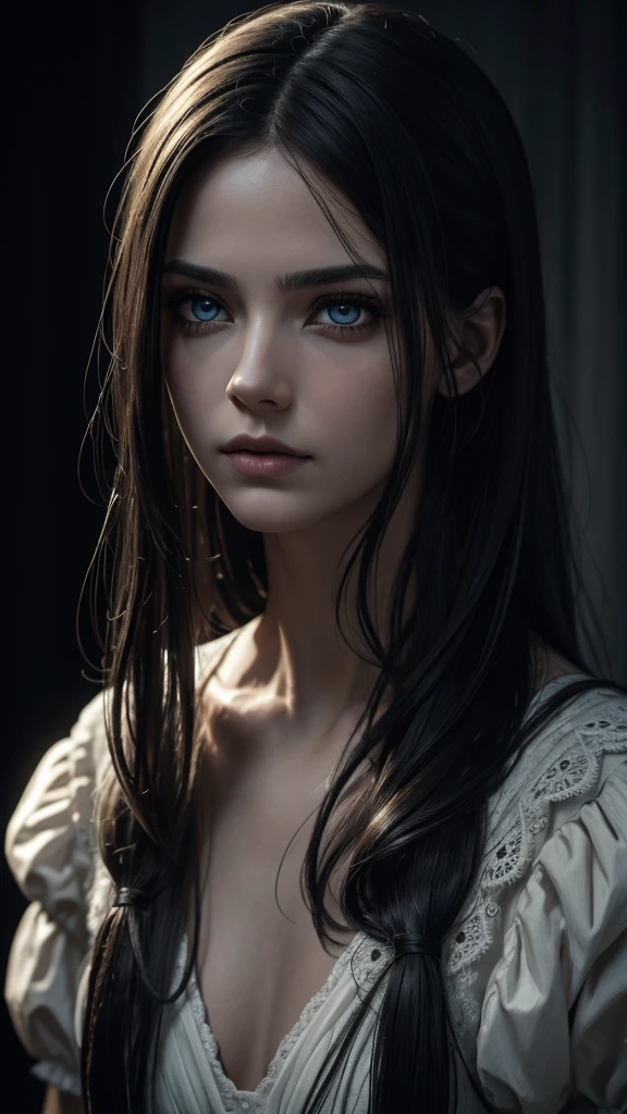 a poor man, a horror girl in a white dress, white eyes, numb, cinematic, dark, mysterious, moody lighting, chiaroscuro, gothic, dramatic, striking pose, detailed face, beautiful detailed eyes, beautiful detailed lips, extremely detailed face and eyes, long eyelashes, high contrast, muted colors, dark shadows, surreal, atmospheric, haunting, unsettling, (best quality,4k,8k,highres,masterpiece:1.2),ultra-detailed,(realistic,photorealistic,photo-realistic:1.37)