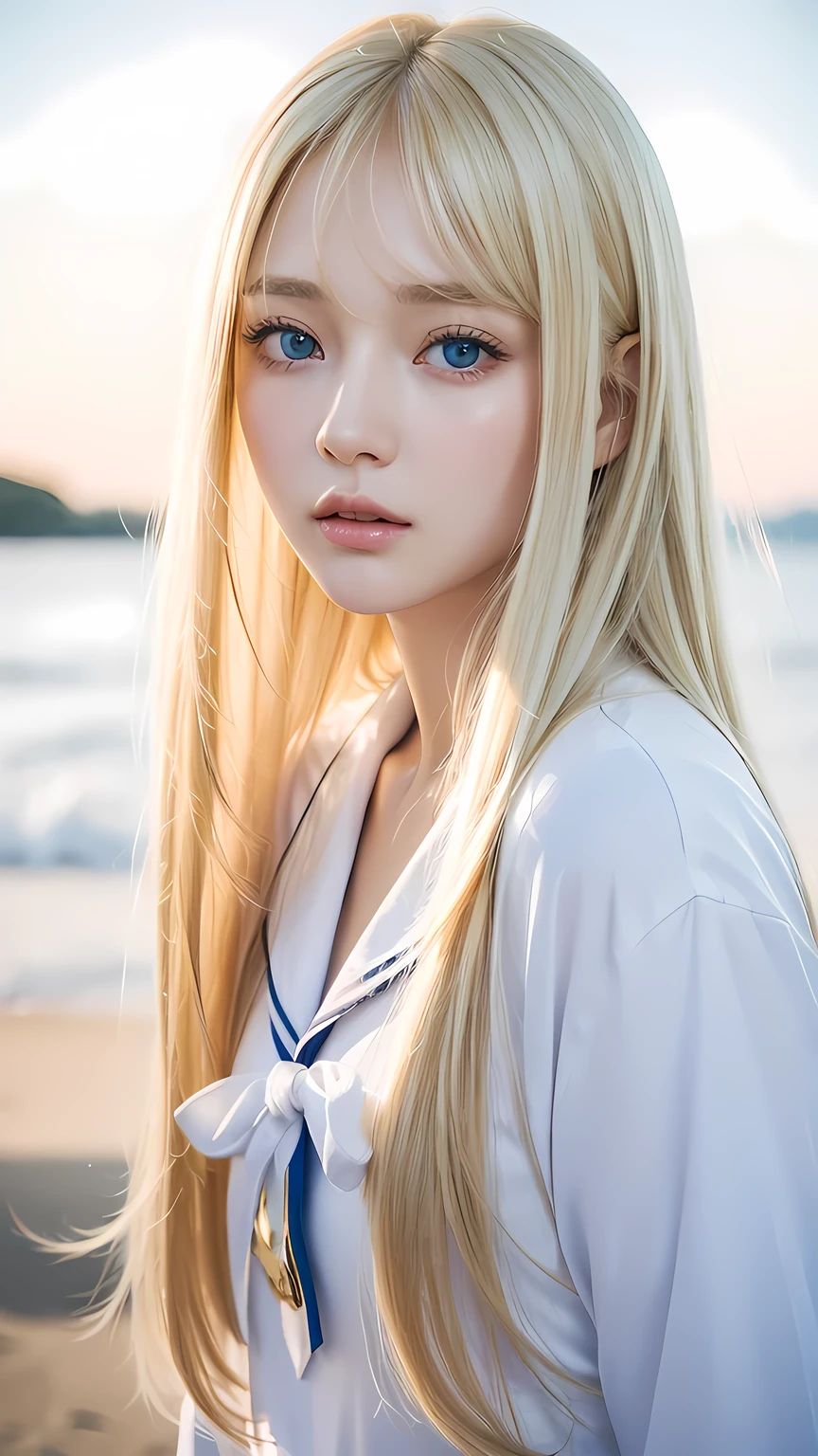 Beautiful girl with a pretty face、beautiful blonde straight super long hair、Half Body Shot、Beautiful long bangs hanging over the face、Very beautiful, bright, pale sky blue eyes、Very big eyes、Blonde hair between the eyes、Round face、Blonde hair above the eyes、片Blonde hair above the eyes、、Sailor suit、Very white and young skin、Cheek gloss、Cheek highlighter、Small Face Beauty