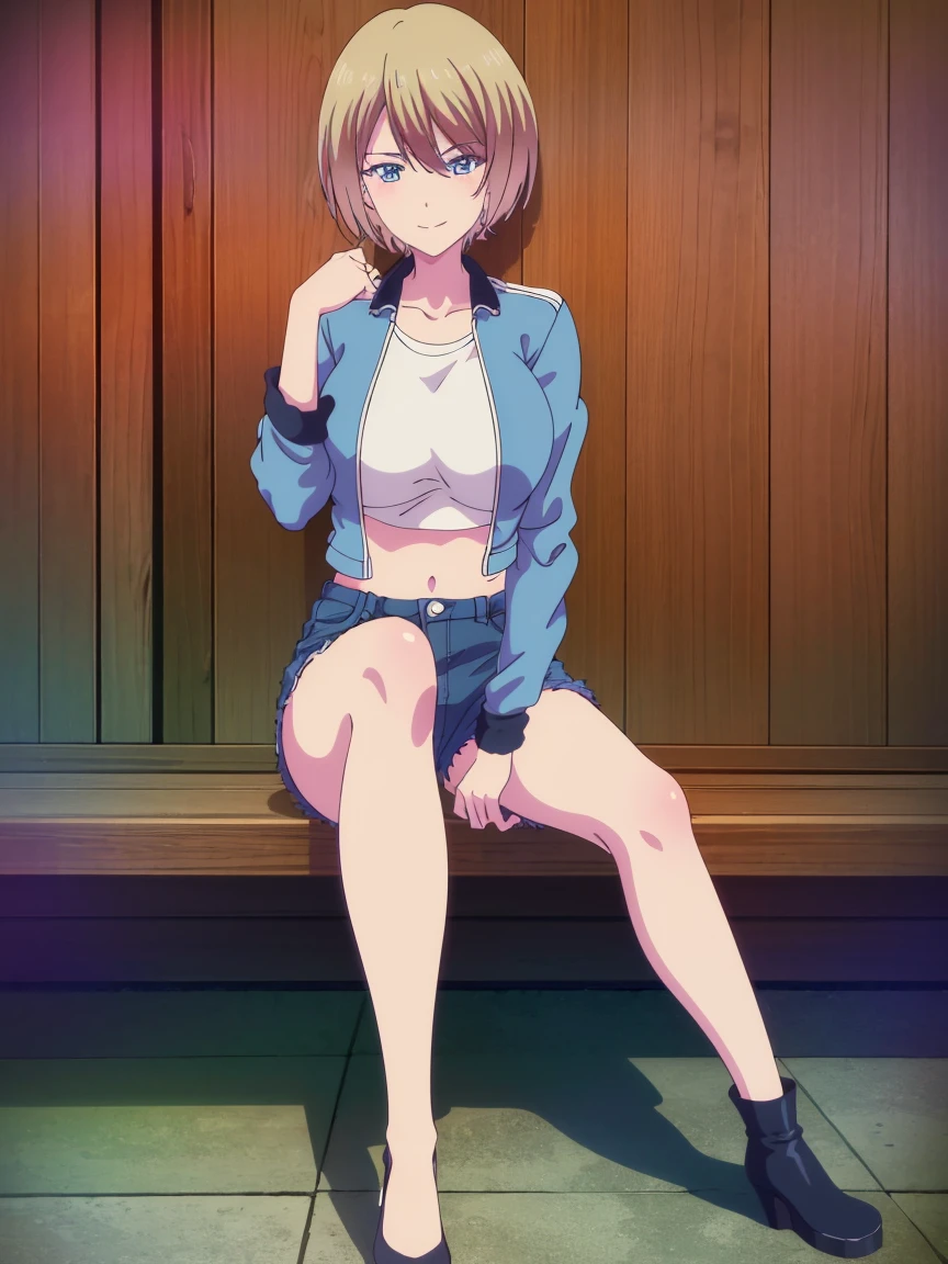 masterpiece, best quality, highres, akane hououji,full body,1girl, solo, short hair, blonde hair, blue eyes,smile ,crop top, black denim jacket,jean shorts, midriff, underboob,open jacket,closed toe shoes,high heels,crossed legs, sitting, big breasts, medium waist, wide hips, medium thighs, good anatomy, good hands, white background, good legs,full body portrait