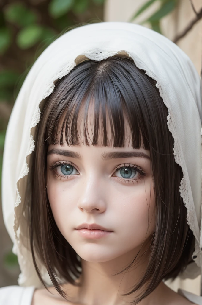 Rosto redondo.
Olhos verdes cinzentos e olhar marcante.
Cabelo loiro escuro.
Branca como a neve.
medium hair
