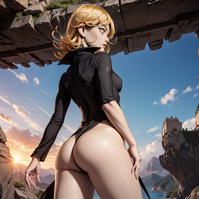 (score_9,score_8_up,score_7_up), source_anime, ((Masterpiece, top quality, high resolution)), ((highly detailed CG unified 8K wallpaper)), (back view of tatsumaki very hot and sexy, jaw-dropping beauty, perfect proportions, beautiful body, slim body beauty:1.1), ((tatsumaki's butt in frame:1.5)), lovely background, sexy atmosphere, sexy woman, an erotic fantasy illustration, looming woman with a black gown, pelvic curtain, landscape, silhouette emerging from the backlight, seen from below,