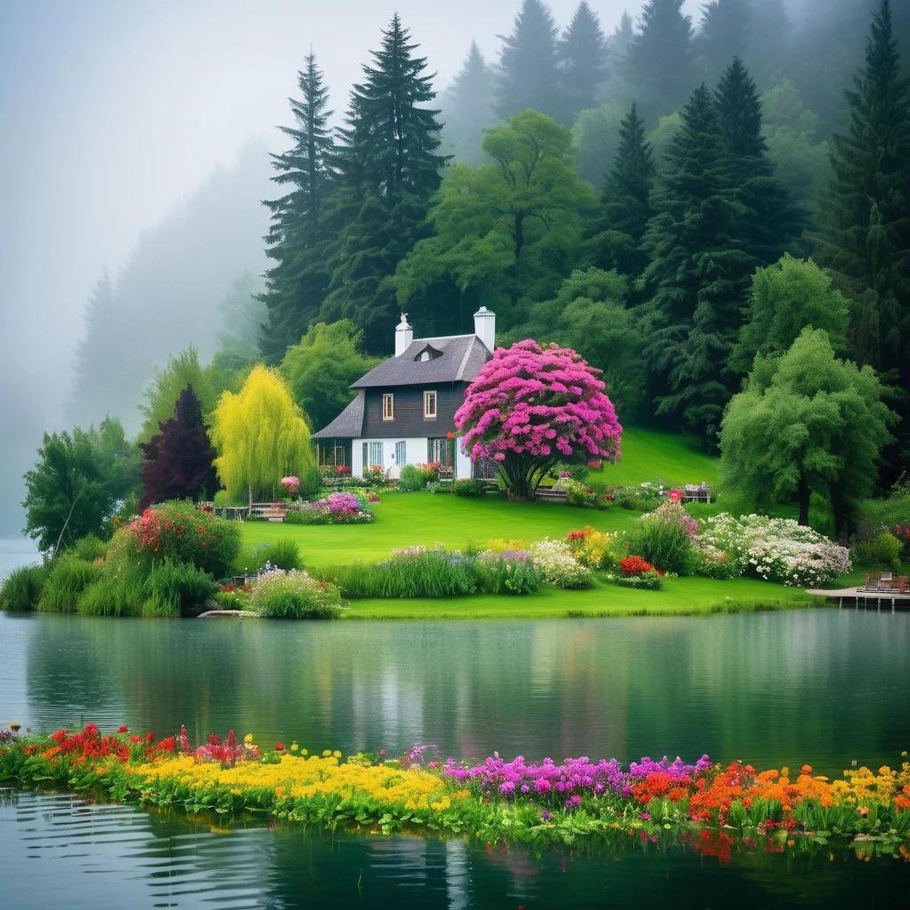 A cottage house with lush green grass and colorful flowers, built on an island in a lake, covered in mist