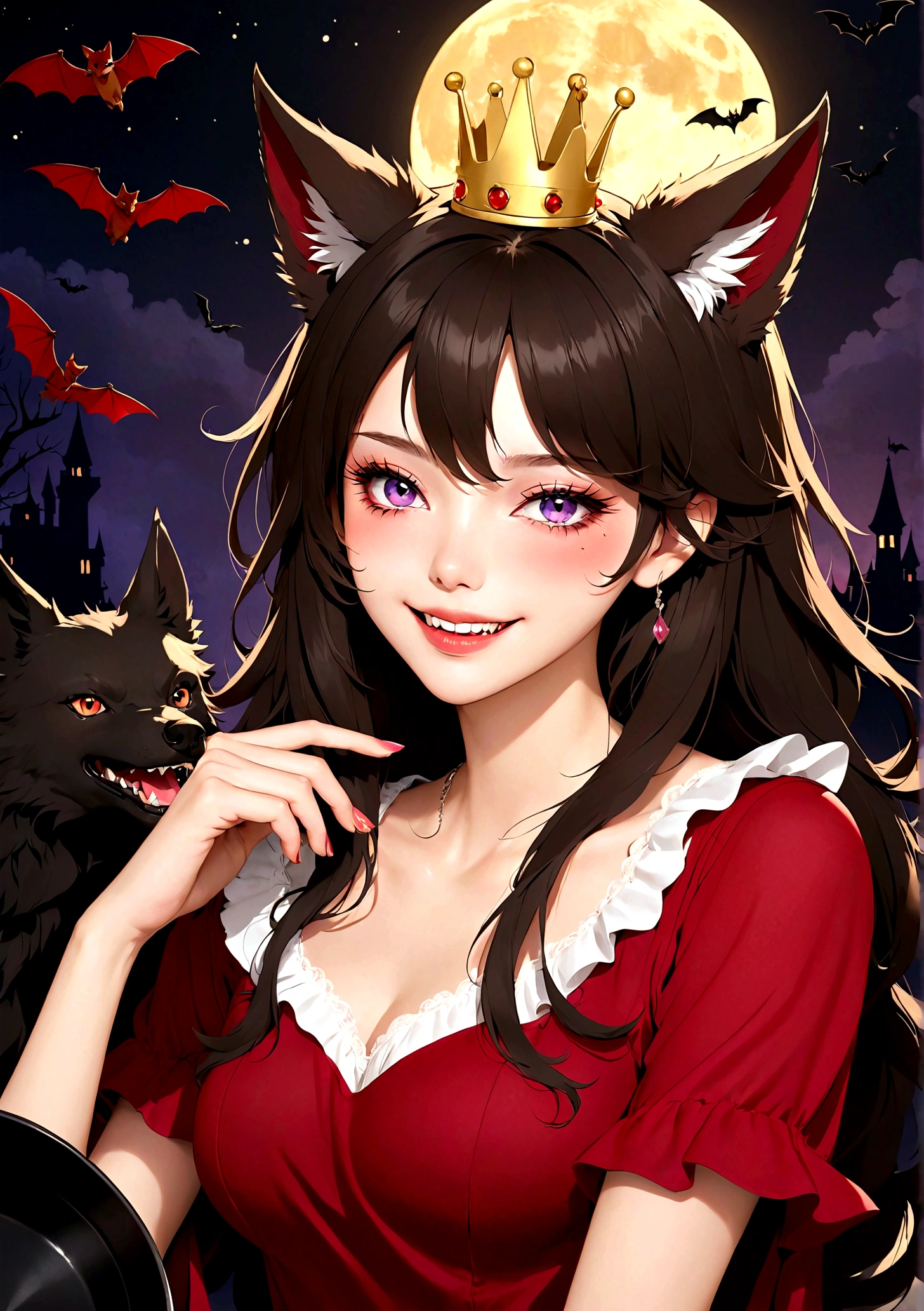 Vector，flat，Simple and smooth lines，A beautiful illustration：Big Bad Wolf:1.37.frying pan:1.37 Beautiful girl sitting elegantly，(((She has a beauty spot:1.37)))，Purple Eyes，Delicate lashes，Smile，Smooth skin，Long black hair，Wolf ears， Small Crown，Gorgeous red dress，温顺的Big Bad Wolf。Correct human anatomy，moonlight，bat