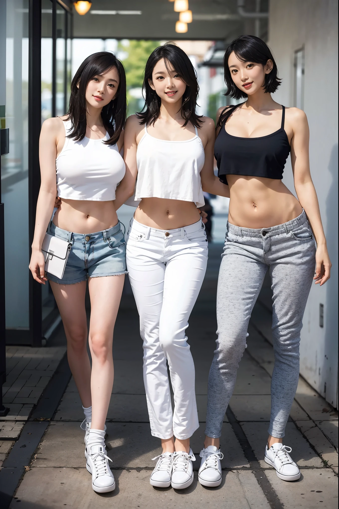 (Best Quality, Masterpiece, Photo realistic, Ultra Detailed, ultra high res, raw), (3 girls, group shot:1.3), pretty, Japanese, smile, bangs, double eyelids, (big breasts:1.3), (long hair| medium hair| short hair), (LowriseXL, LowwaistXL, groin), (cropped camisole), skinny jeans, navel, (sneaker, beautiful long legs, full body), main street, from below, (fashion model posing)