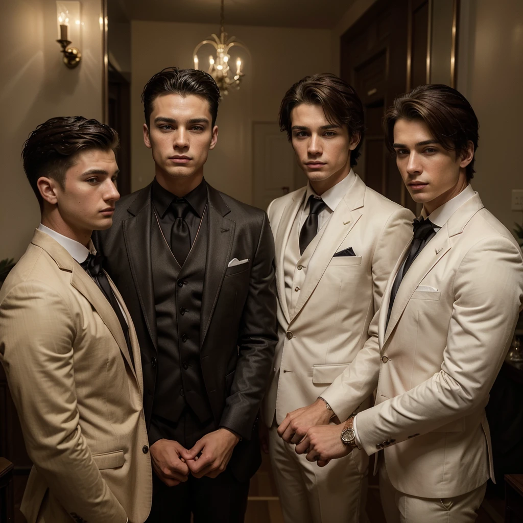 Three 25-year-old boys, with a masculine appearance, wearing a classic musturd suit. The scene depicts a masterpiece of art, showcasing the boy's professional and wealthy lifestyle. The image is of the best quality, with ultra-detailed features. The color tone is rich and vibrant ,masterpiece, ultra realistic, detailed face, detailed fingers