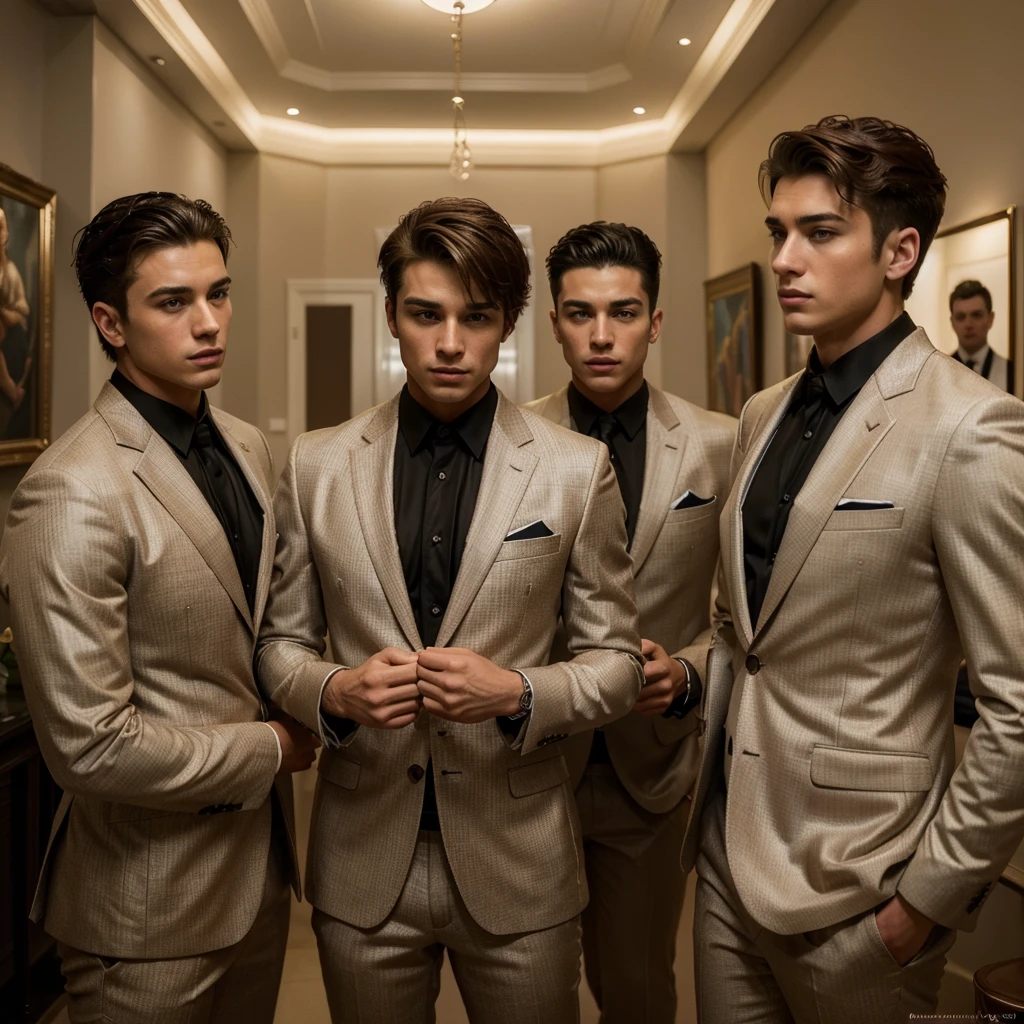 Three 25-year-old boys, with a masculine appearance, wearing a classic musturd suit. The scene depicts a masterpiece of art, showcasing the boy's professional and wealthy lifestyle. The image is of the best quality, with ultra-detailed features. The color tone is rich and vibrant ,masterpiece, ultra realistic, detailed face, detailed fingers