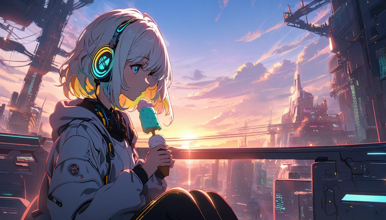 Handsome cute, Solitary, 1 female, Medium Length Hair, white hair, Rainbow hair, blue Eyes, Rainbow headphone, white food, Futuristic, Cyberpunk, Cybernetics panoramic, in the sunset, Sitting, eat ice-cream,