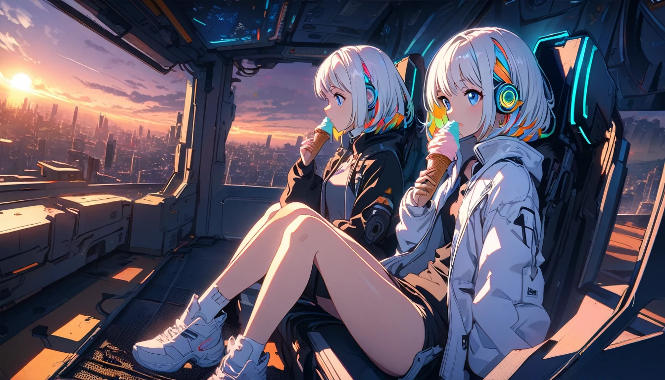 Handsome cute, Solitary, 1 female, Medium Length Hair, white hair, Rainbow hair, blue Eyes, Rainbow headphone, white food, Futuristic, Cyberpunk, Cybernetics panoramic, in the sunset, Sitting, eat ice-cream,