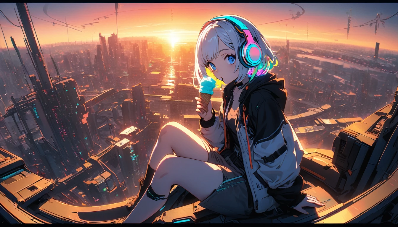 Handsome cute, Solitary, 1 female, Medium Length Hair, white hair, Rainbow hair, blue Eyes, Rainbow headphone, knit dress, Futuristic, Cyberpunk, Cybernetics panoramic, in the lo-fi sunset, looking away, Sitting, eat ice-cream,